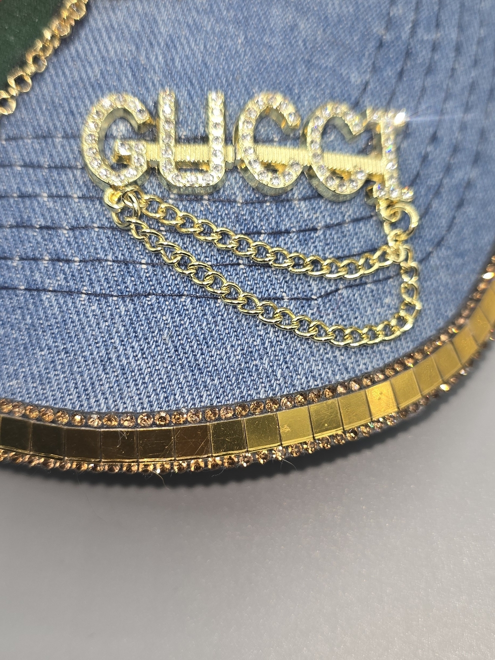 Blue Denim Cap with Gold Crystal Logo and Chain